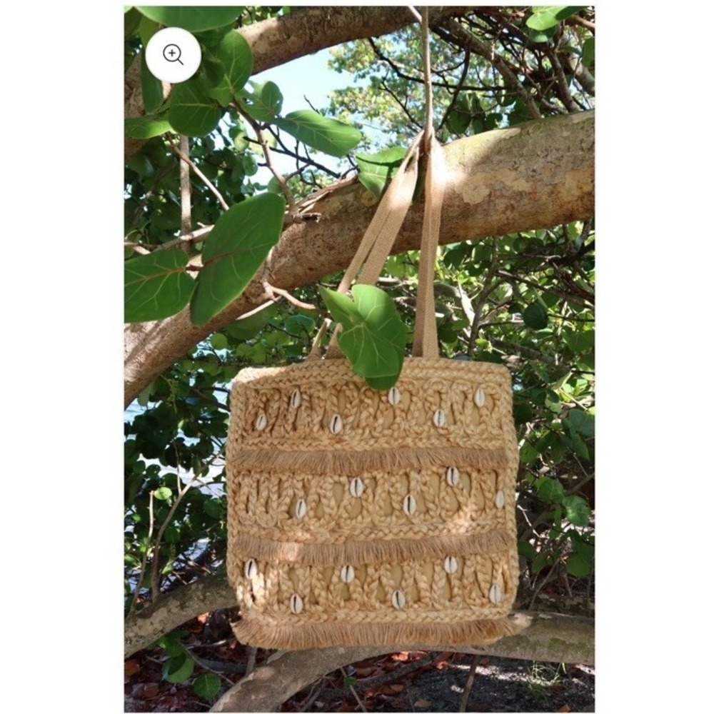 Salt + Umber ISLA Jute Seashell Tote Bag with Fringe, Handles & Interior Pocket